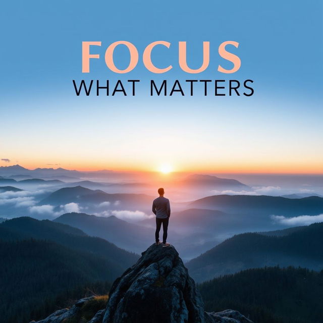 An inspiring book cover for the title "Focus on What Matters" featuring a serene mountain landscape at dawn, with mist gently rolling over the valleys