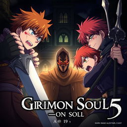 An anime cover for a dark fantasy titled "Grimon Soul 5" featuring two angry and frightened teenage boys, both aged 19, in a fierce duel