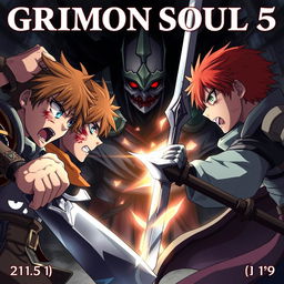 An anime cover for a dark fantasy titled "Grimon Soul 5" featuring two angry and frightened teenage boys, both aged 19, in a fierce duel