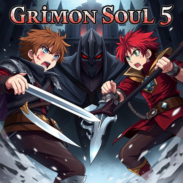 An anime cover for a dark fantasy titled "Grimon Soul 5" featuring two angry and frightened teenage boys, both aged 19, in a fierce duel