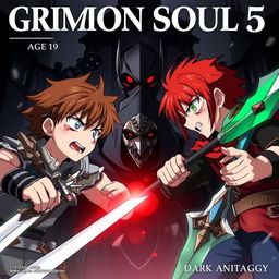 An anime cover for a dark fantasy titled "Grimon Soul 5" featuring two angry and frightened teenage boys, both aged 19, in a fierce duel