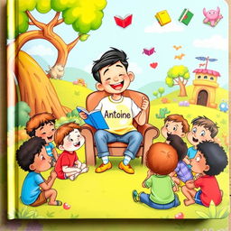 A colorful children's storybook cover featuring a cheerful boy wearing a bright T-shirt with the name "Antoine" printed on it