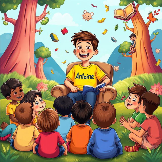 A colorful children's storybook cover featuring a cheerful boy wearing a bright T-shirt with the name "Antoine" printed on it