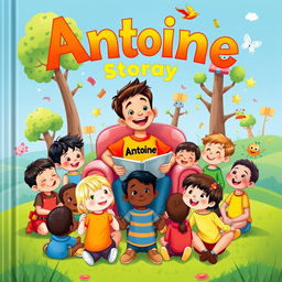 A colorful children's storybook cover featuring a cheerful boy wearing a bright T-shirt with the name "Antoine" printed on it