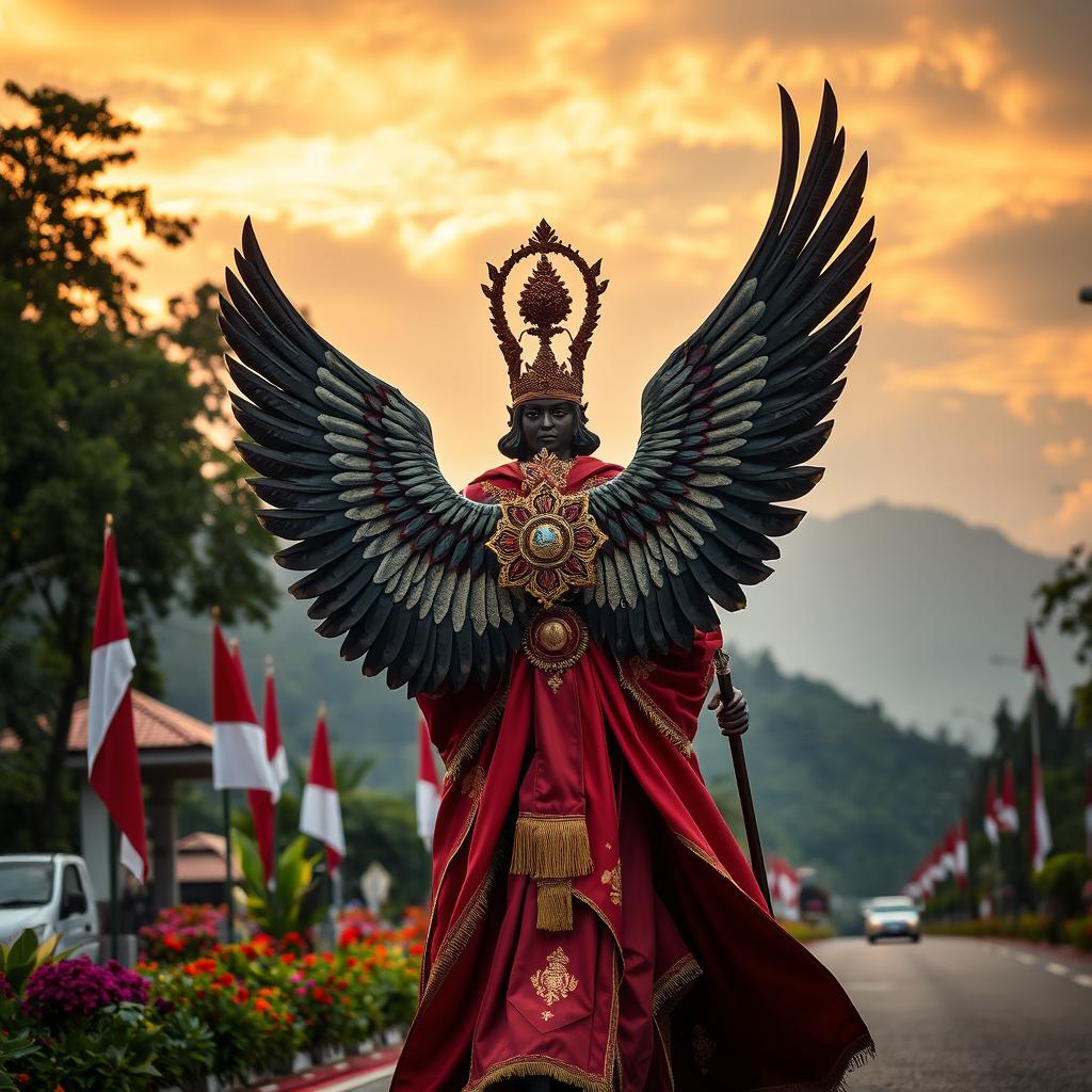 Seorang ksatria agung berbaju zirah berkilau, dengan lambang garuda di dada dan bendera merah putih Indonesia di pelindungnya, menunggangi kuda putih agung yang anggun di sepanjang jalan yang indah