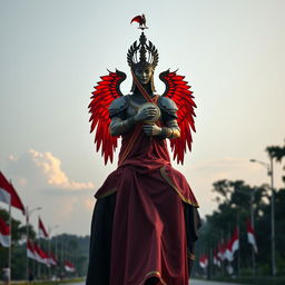 Seorang ksatria agung berbaju zirah berkilau, dengan lambang garuda di dada dan bendera merah putih Indonesia di pelindungnya, menunggangi kuda putih agung yang anggun di sepanjang jalan yang indah