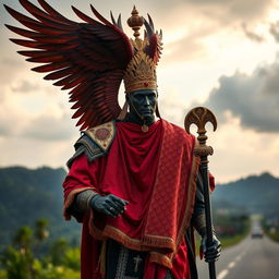 Seorang ksatria agung berbaju zirah berkilau, dengan lambang garuda di dada dan bendera merah putih Indonesia di pelindungnya, menunggangi kuda putih agung yang anggun di sepanjang jalan yang indah