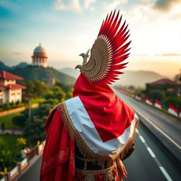 Seorang ksatria agung berbaju zirah berkilau, dengan lambang garuda di dada dan bendera merah putih Indonesia di pelindungnya, menunggangi kuda putih agung yang anggun di sepanjang jalan yang indah