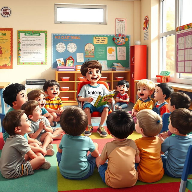 A cheerful scene depicting a boy wearing a T-shirt with the name "Antoine" on it, engaging a group of 15 first and second-grade children in a colorful classroom setting