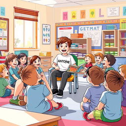 A cheerful scene depicting a boy wearing a T-shirt with the name "Antoine" on it, engaging a group of 15 first and second-grade children in a colorful classroom setting