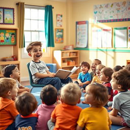 A cheerful scene depicting a boy wearing a T-shirt with the name "Antoine" on it, engaging a group of 15 first and second-grade children in a colorful classroom setting