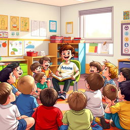 A cheerful scene depicting a boy wearing a T-shirt with the name "Antoine" on it, engaging a group of 15 first and second-grade children in a colorful classroom setting