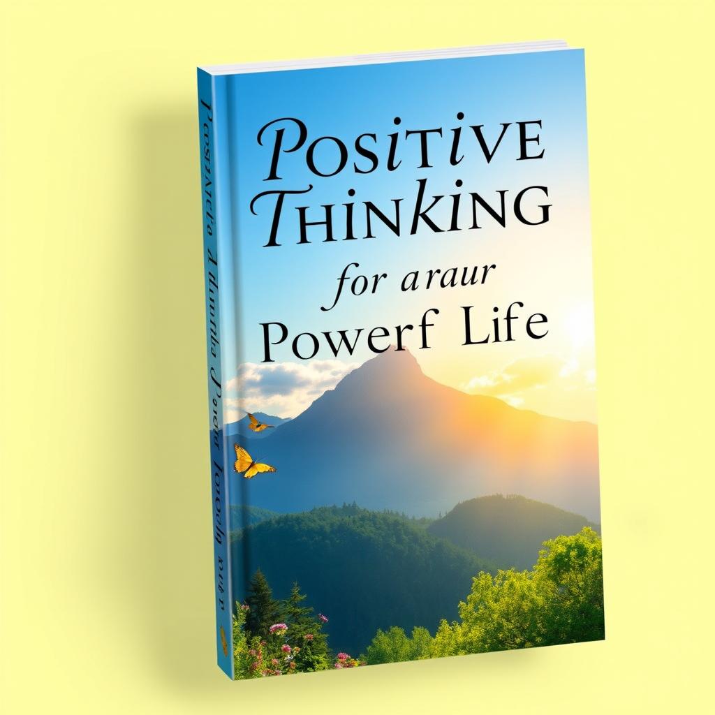 An inspiring book cover design with the title 'Positive Thinking for a Powerful Life' prominently displayed in an elegant, bold font