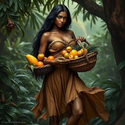 A breathtaking and seductive prehistoric woman holding a basket of exotic fruits