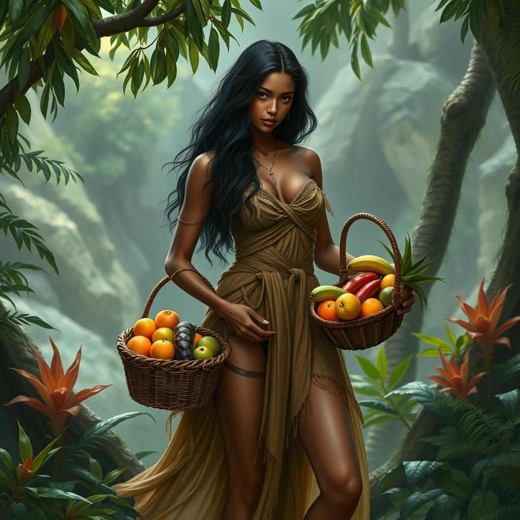 A breathtaking and seductive prehistoric woman holding a basket of exotic fruits