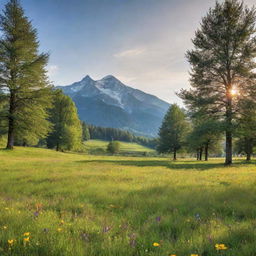 A picturesque farm field full of green grass, colorful flowers, and mature trees, with a majestic mountain in the background and a bright sun shining overhead.