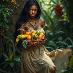 A breathtaking and seductive prehistoric woman holding a basket of exotic fruits