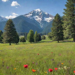 A picturesque farm field full of green grass, colorful flowers, and mature trees, with a majestic mountain in the background and a bright sun shining overhead.