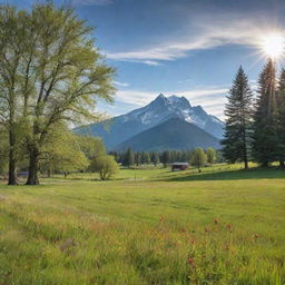 A picturesque farm field full of green grass, colorful flowers, and mature trees, with a majestic mountain in the background and a bright sun shining overhead.