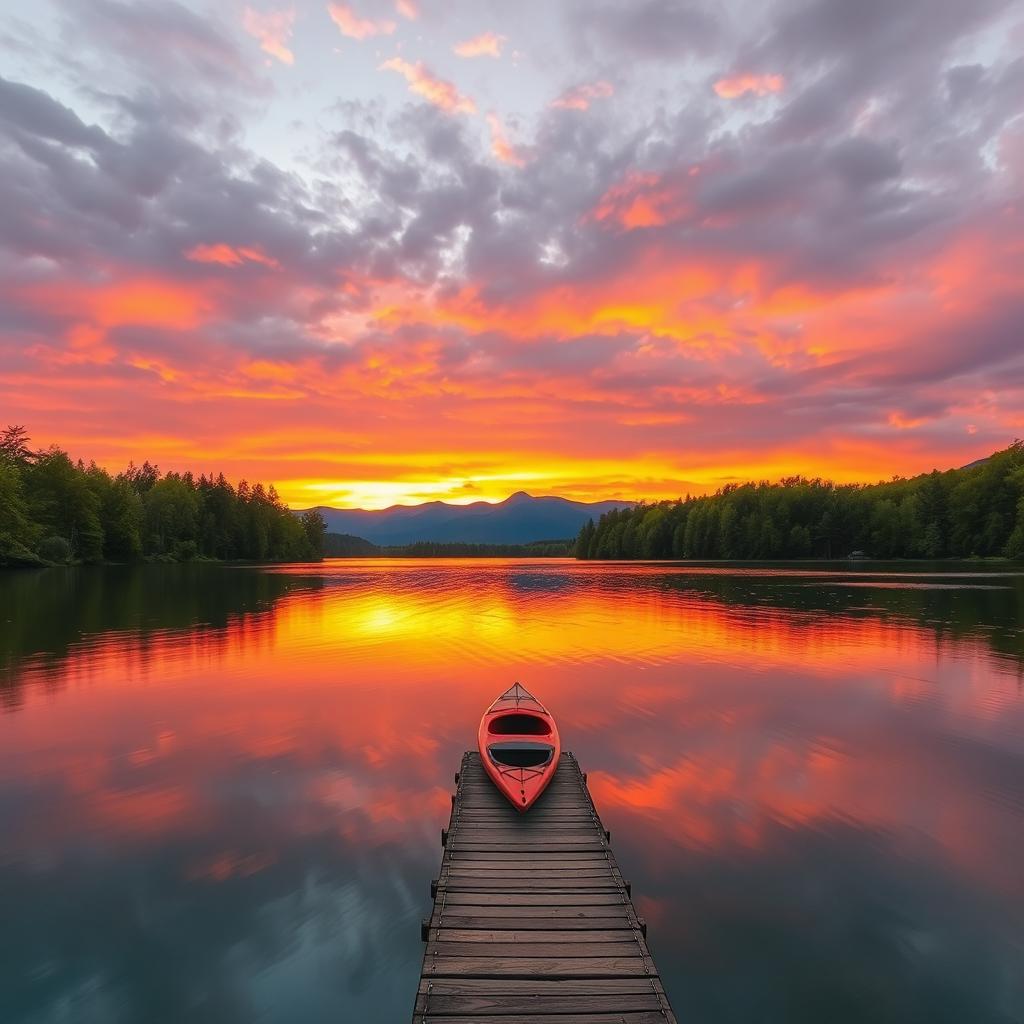 A serene landscape featuring a vibrant sunset over a tranquil lake, surrounded by lush green trees and distant mountains