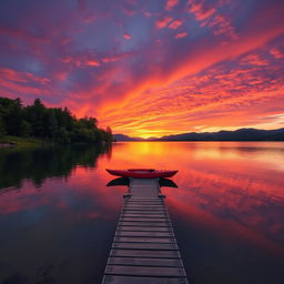 A serene landscape featuring a vibrant sunset over a tranquil lake, surrounded by lush green trees and distant mountains