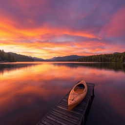 A serene landscape featuring a vibrant sunset over a tranquil lake, surrounded by lush green trees and distant mountains