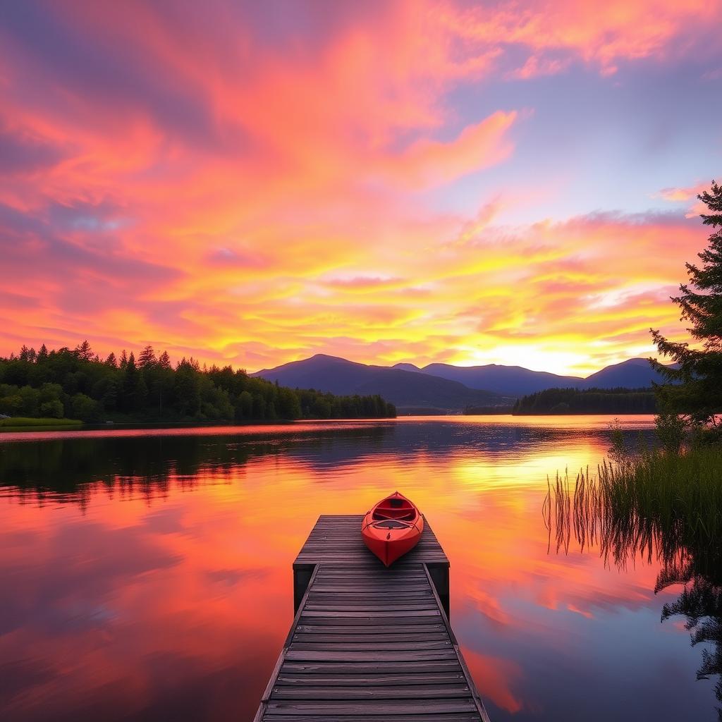 A serene landscape featuring a vibrant sunset over a tranquil lake, surrounded by lush green trees and distant mountains