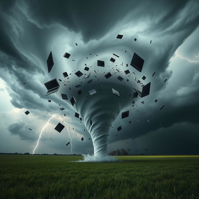 A dramatic scene of a tornado swirling in the middle of an open field, with various laptops and computer equipment being swept up into its powerful vortex