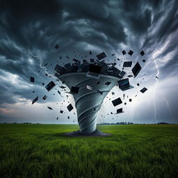 A dramatic scene of a tornado swirling in the middle of an open field, with various laptops and computer equipment being swept up into its powerful vortex