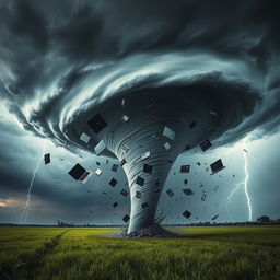 A dramatic scene of a tornado swirling in the middle of an open field, with various laptops and computer equipment being swept up into its powerful vortex