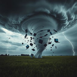 A dramatic scene of a tornado swirling in the middle of an open field, with various laptops and computer equipment being swept up into its powerful vortex