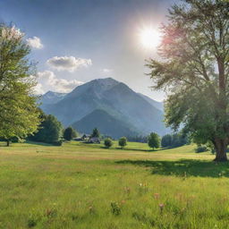 A picturesque farm field full of green grass, colorful flowers, and mature trees, with a majestic mountain in the background and a bright sun shining overhead.