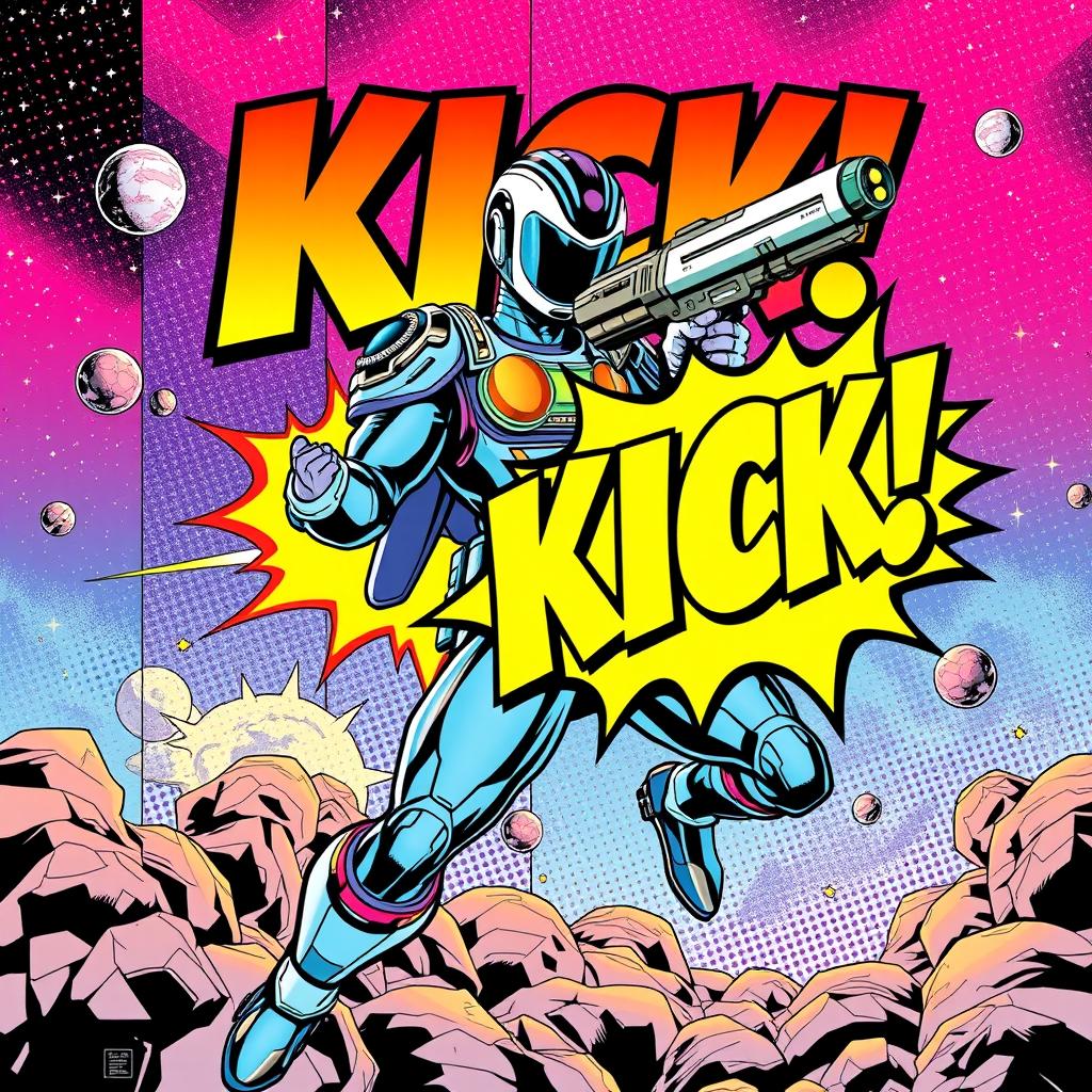 A vibrant comic book cover featuring a futuristic space ranger in an action pose, wielding a futuristic blaster gun