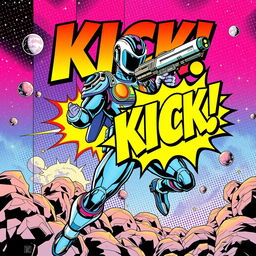 A vibrant comic book cover featuring a futuristic space ranger in an action pose, wielding a futuristic blaster gun