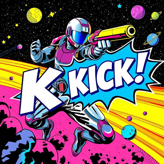 A vibrant comic book cover featuring a futuristic space ranger in an action pose, wielding a futuristic blaster gun