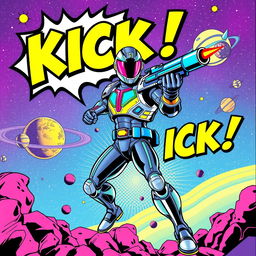 A vibrant comic book cover featuring a futuristic space ranger in an action pose, wielding a futuristic blaster gun