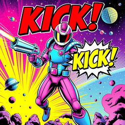 A vibrant comic book cover featuring a futuristic space ranger in an action pose, wielding a futuristic blaster gun