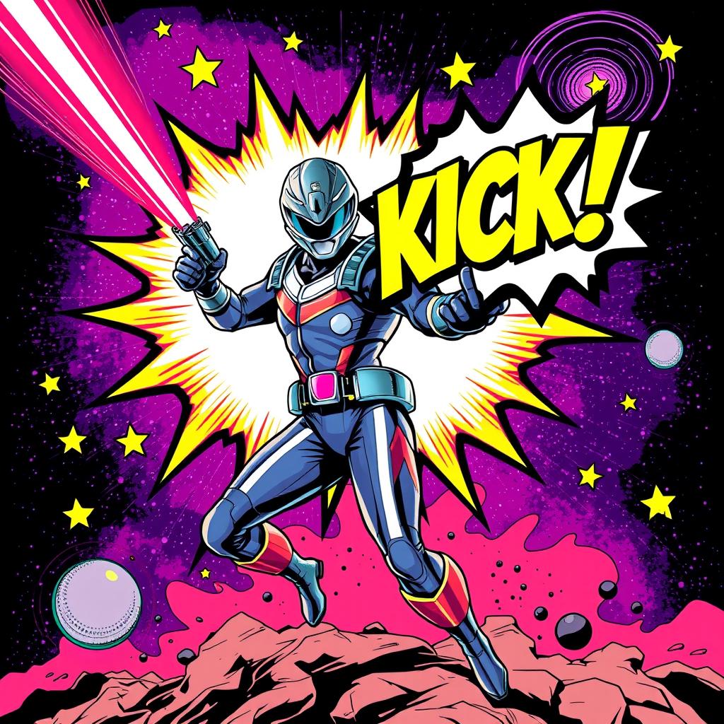 A dynamic comic book cover showcasing a heroic space ranger in an intense action pose, brandishing a futuristic laser gun