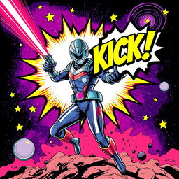 A dynamic comic book cover showcasing a heroic space ranger in an intense action pose, brandishing a futuristic laser gun