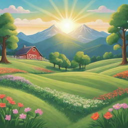 A vibrant, cartoon-style image of a farm field with lush trees, green grass, and blooming flowers, a majestic mountain in the backdrop, and the sun shining brightly in the sky.