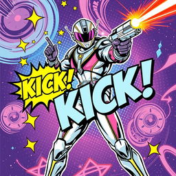 A dynamic comic book cover showcasing a heroic space ranger in an intense action pose, brandishing a futuristic laser gun