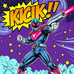 A dynamic comic book cover showcasing a heroic space ranger in an intense action pose, brandishing a futuristic laser gun