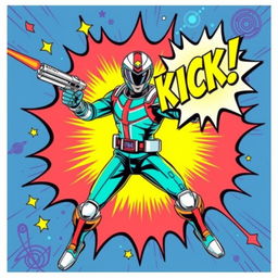 A dynamic comic book cover showcasing a heroic space ranger in an intense action pose, brandishing a futuristic laser gun