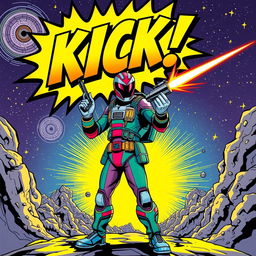 A striking comic book cover featuring an adventurous space ranger standing heroically in the foreground, brandishing a laser gun