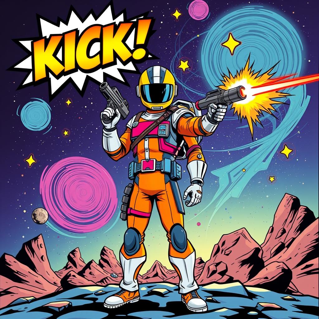 A striking comic book cover featuring an adventurous space ranger standing heroically in the foreground, brandishing a laser gun