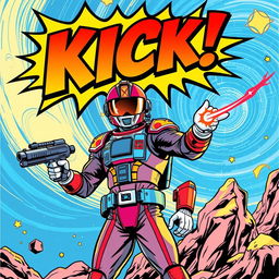 A striking comic book cover featuring an adventurous space ranger standing heroically in the foreground, brandishing a laser gun