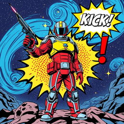 A striking comic book cover featuring an adventurous space ranger standing heroically in the foreground, brandishing a laser gun