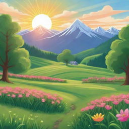 A vibrant, cartoon-style image of a farm field with lush trees, green grass, and blooming flowers, a majestic mountain in the backdrop, and the sun shining brightly in the sky.