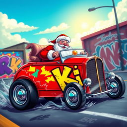 A whimsical scene featuring Santa Claus riding a vibrant hot rod car adorned with graffiti art