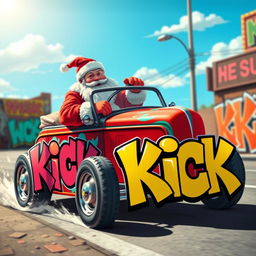 A whimsical scene featuring Santa Claus riding a vibrant hot rod car adorned with graffiti art